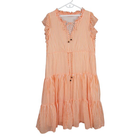 OLIPHANT Maxi Dress Size L Orange Striped Tiered Ruffle Short Sleeve A-Line - Picture 6 of 13